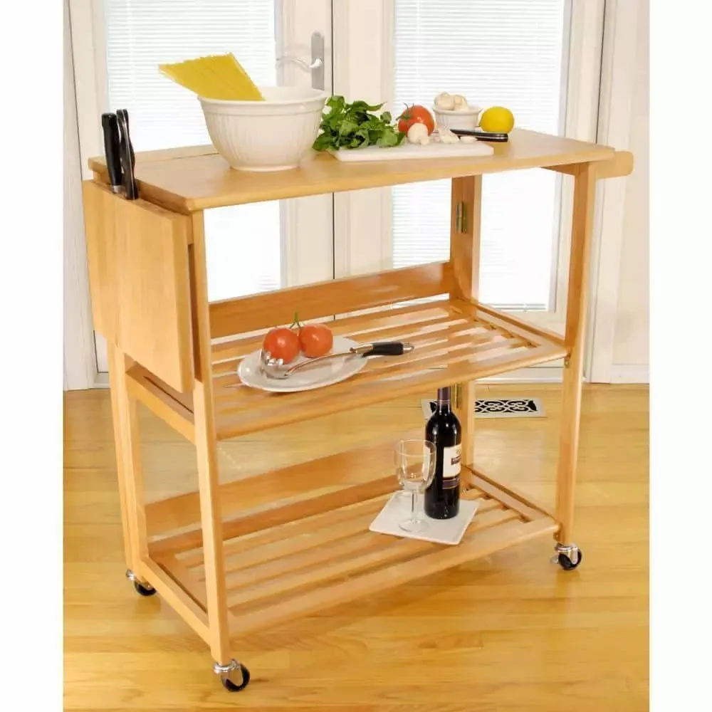Bamboo Foldable Kitchen Cart With Knife Block 2-tier Shelves Trolley Cupboard with Casters Wheels Kitchen Storage Serving Cart