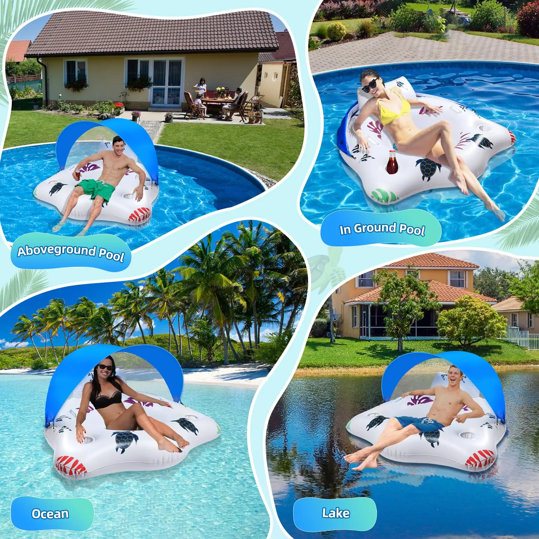 Inflatable Pool Float with Canopy, Large Pool Float Chairs with Cup Holders & Armrest, Float Pool Lounge Water Floats for Adults