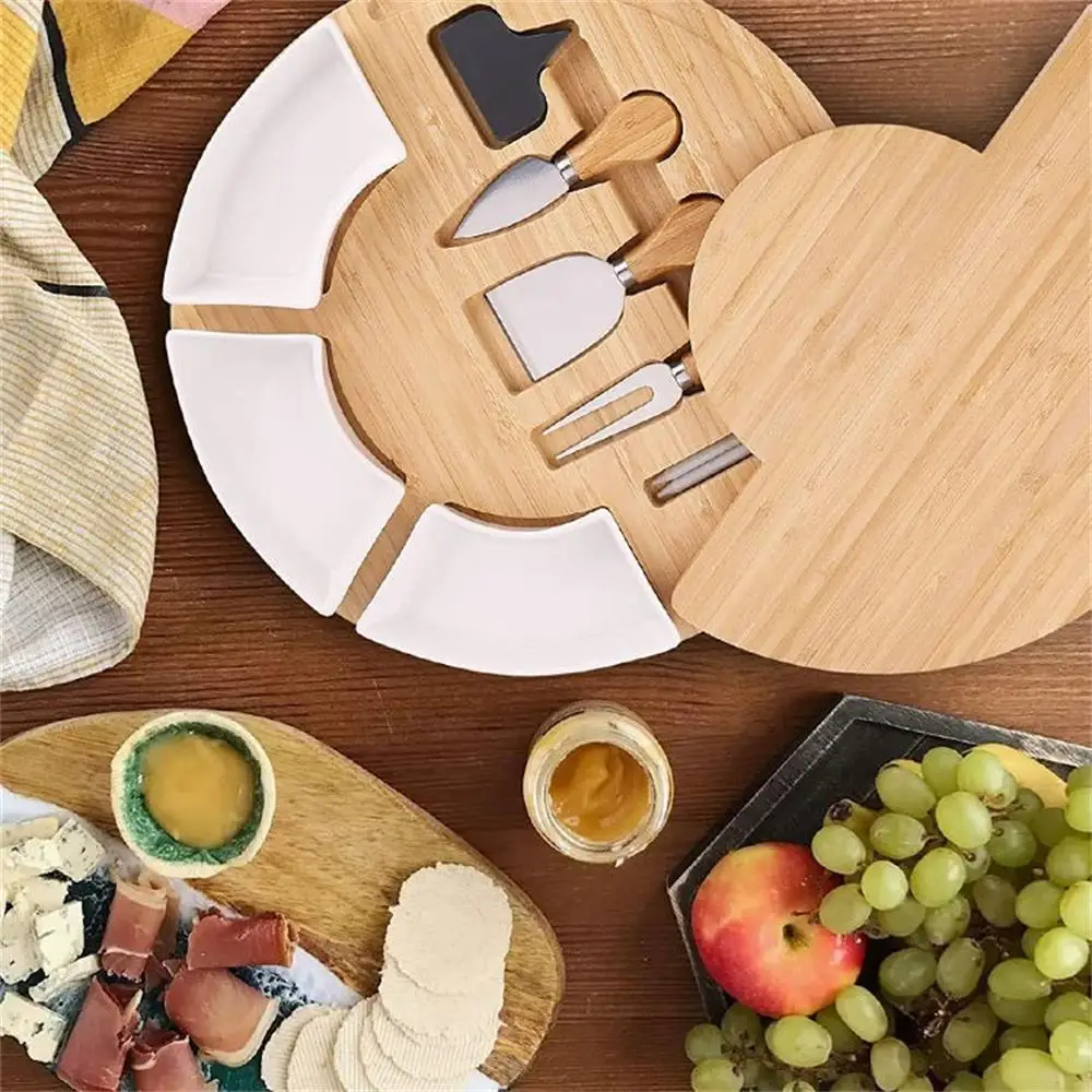 New Arrival Creative Bamboo Cheese Board Pizza Cutting Wood Plate with Ceramic Cheese Knives for Kitchen Party for Christmas