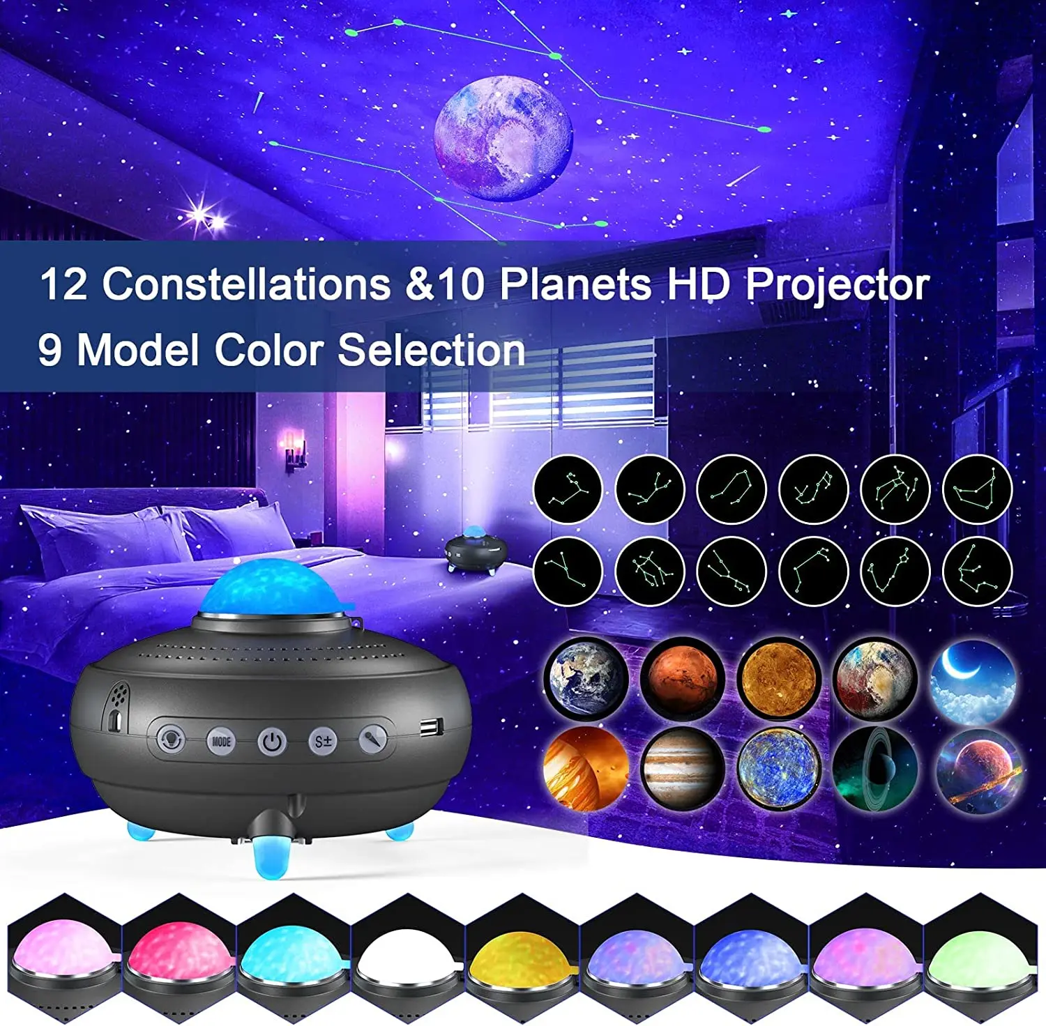 New 12 Constellations Music Galaxy Projector Lamp Romantic Nebula Planet Laser Atmosphere lamp with BT and Remote  Control