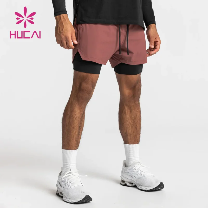 custom logo Lined Double Layer pockets short Spandex polyester  2 In 1 mens Sports training Athletic gym workout shorts for men