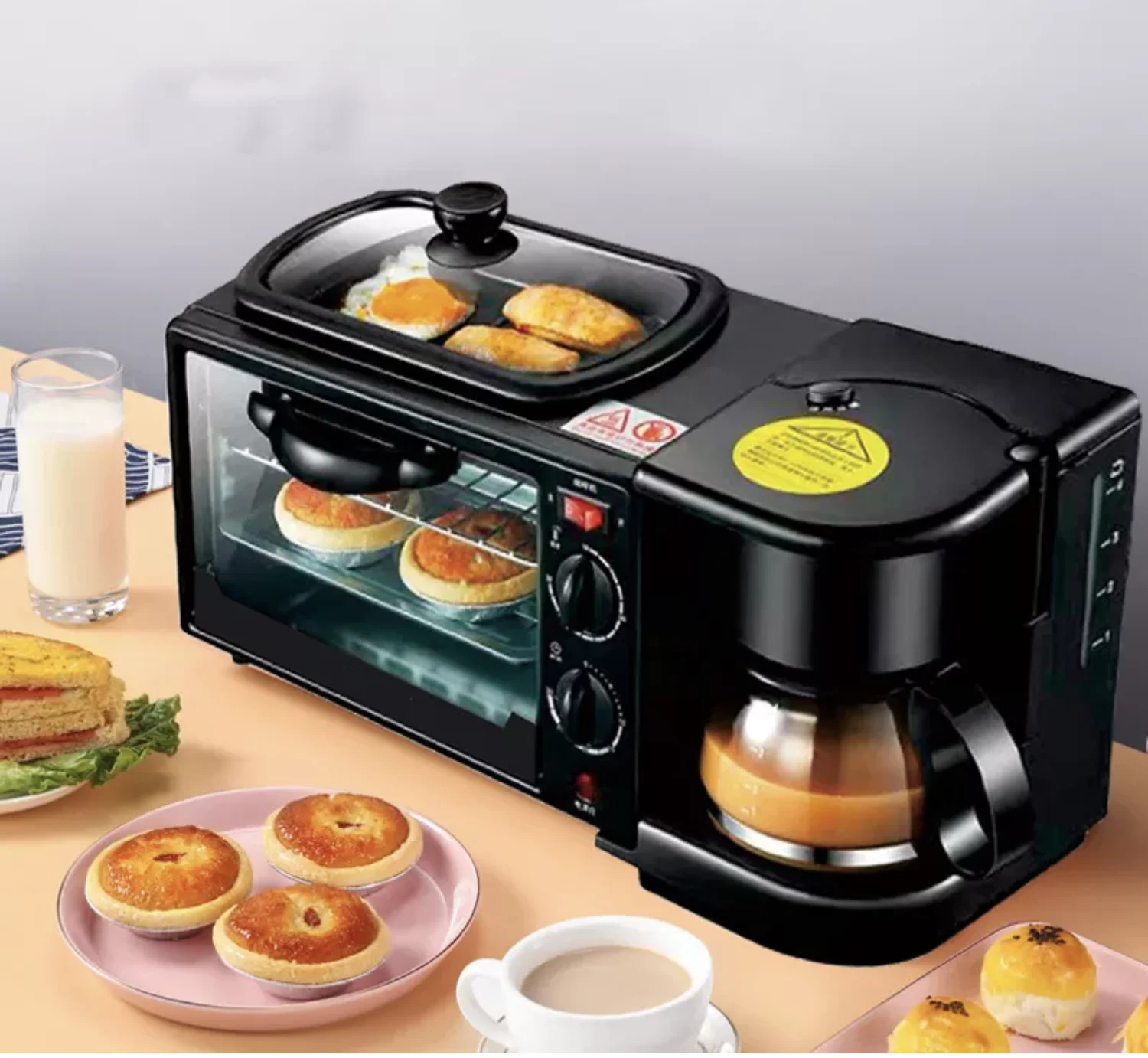 Multifunctional Household 3 in 1 Breakfast Makers Electric Fry Pan Sandwich Bread Nonstick Toaster Oven with Coffee Machine