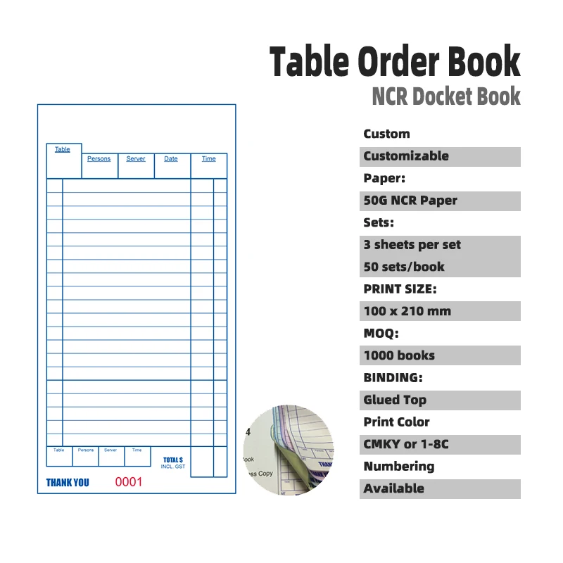 
China Factory OEM ODM Customizable Carbonless Printing Sample Invoice NCR/Carbonless Sales Restaurant Order Guest Check Book 