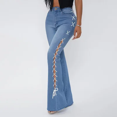 Drawstring Denim Jeans Women Ripped Hole Stretch Jean 2021 Sexy Slim High Waist Ladies Full Length Pencil Pants