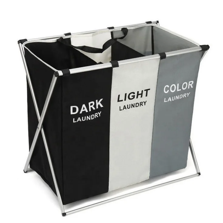 3 Section Bathroom Home Dirty Cloth Collapsible Foldable Laundry Basket Storage Basket Hamper with Aluminum Frame