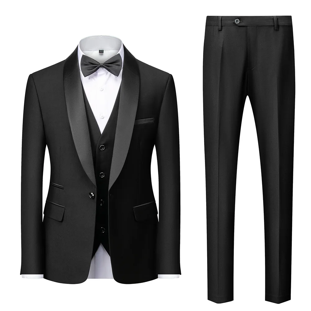 High Quality Men Suit 3 Pieces Set Wedding Elegant Blazers Shawl Collar Luxury Jacket Pants Vest Formal Coat Skinny Dress