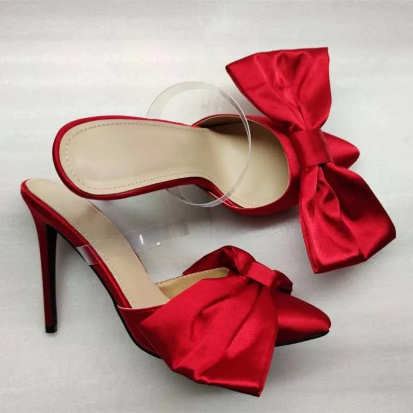 2024 Hot Sale Fuchsia Color Pointed Toe Satin Pump With Clear PVC Strap Shoes Women Stiletto Heel Pumps Shoes With Bow