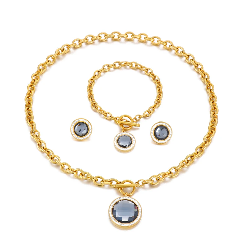 Kalen Fashion Rhinestone Blue Glass Pendant Set Gold Plated Earrings Bracelet Necklace Gift Women Stainless Steel Jewelry Sets