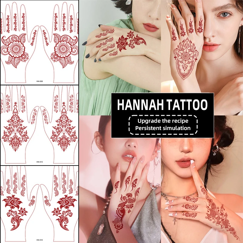 Customized Brownish Red Temporary Henna Tattoo Sticker Sexy Mandala Flower Waterproof Hand Back Tattoo Design