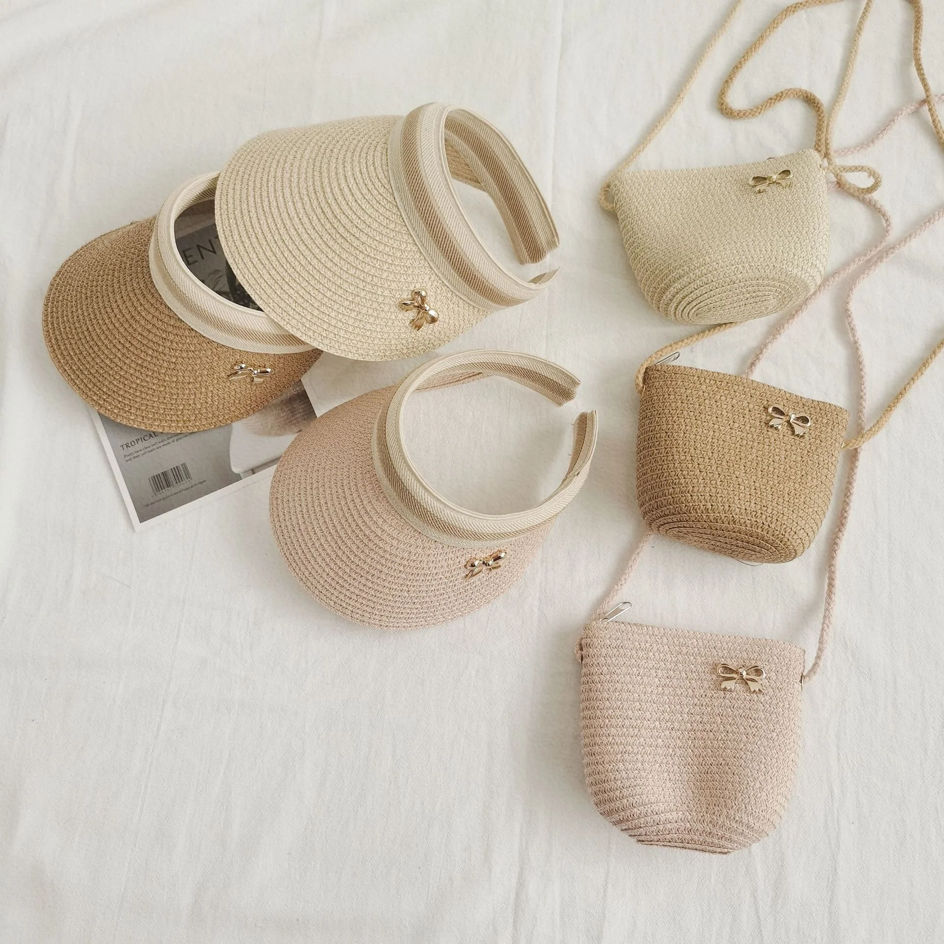 Wholesale baby paper kids children child toddler summer hat straw sun visor cap hat bag hat cap set for kids children