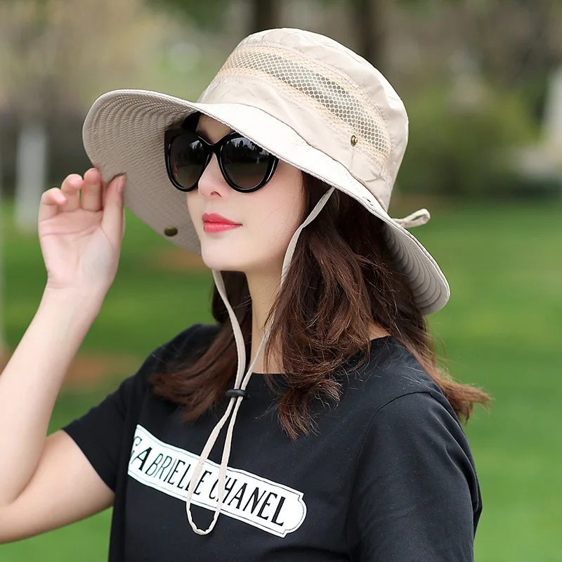 solid color summer sun hat uv protection bucket hat with windproof rope