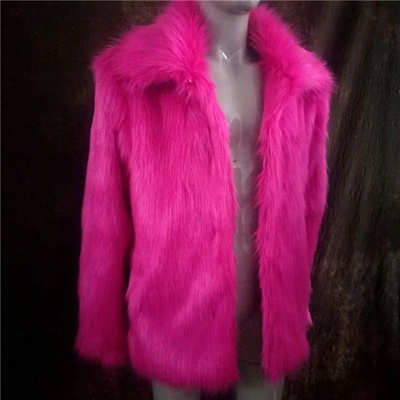 Men Fuzzy Solid Black Faux Fur Jacket Warm Plain White Grey Fuchsia Winter Fox Fur Coat