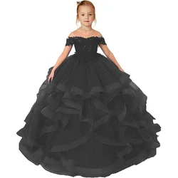 Low Moq Custom Kids Evening Party Gown Baby Girls Pageant Dresses Off Shoulder Multi Layered Flower Girl Dress With Lace