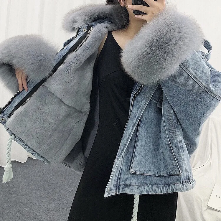 Wholesale high quality ladies winter denim coat women jean jacket with  fur