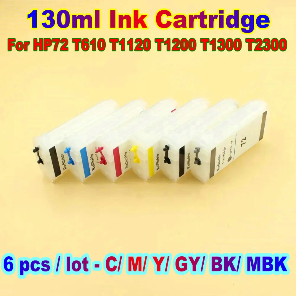 130ml Refillable Printer Ink Cartridge For HP 72 Designjet T610 T1120 T1200 T1300 T2300 HP72 Empty Ink Cartridge 6 Colors Kit