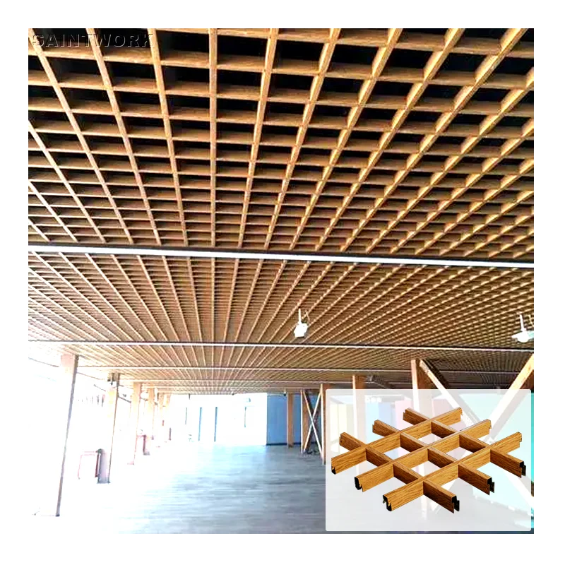 Home Office Hall Wood Look False Ceiling Design Aluminum Open Cell Grid Ceiling Metal Slat Grille Ceiling Panels Interior Decor