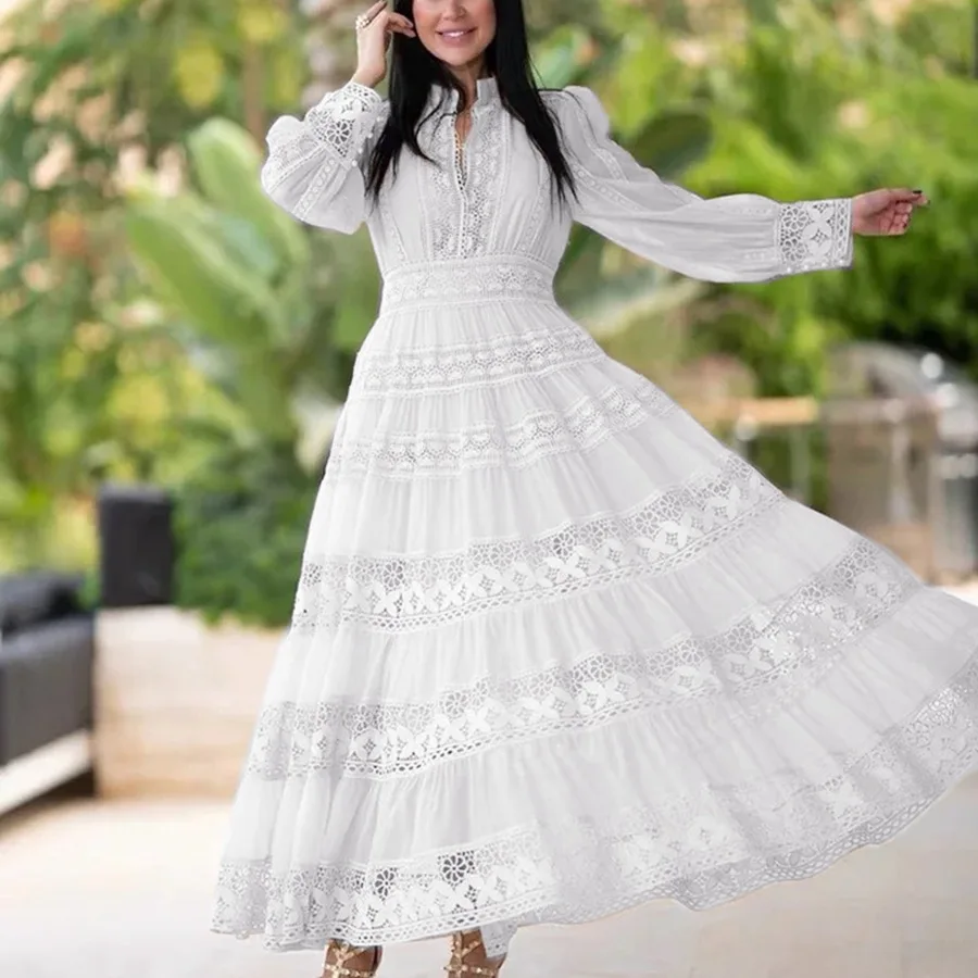 2024 Autumn New Fashionable and Elegant Long Skirt with Lace Splicing Design Lantern Sleeve Dress