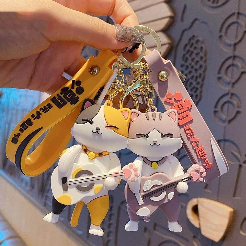 Creative Rock Music Cat Key Chain Cartoon Tide Playing Guitar Standing Cat Animal Keychains for Women Bag Pendant Keyring Gifts
