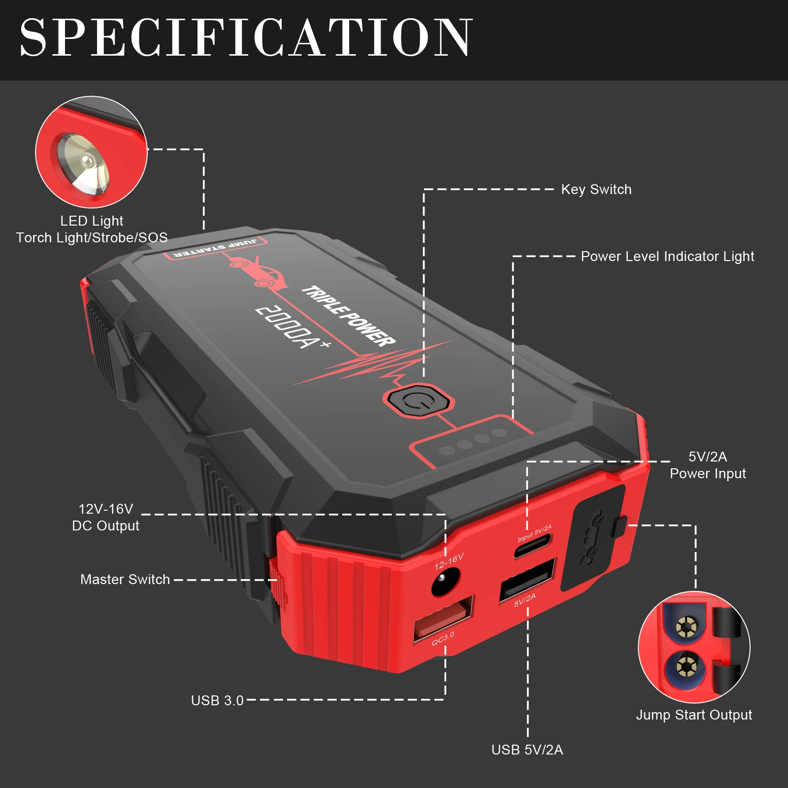 12v car battery jump starter intelligent booster cable with clamps for emergency tools portable car jump starter