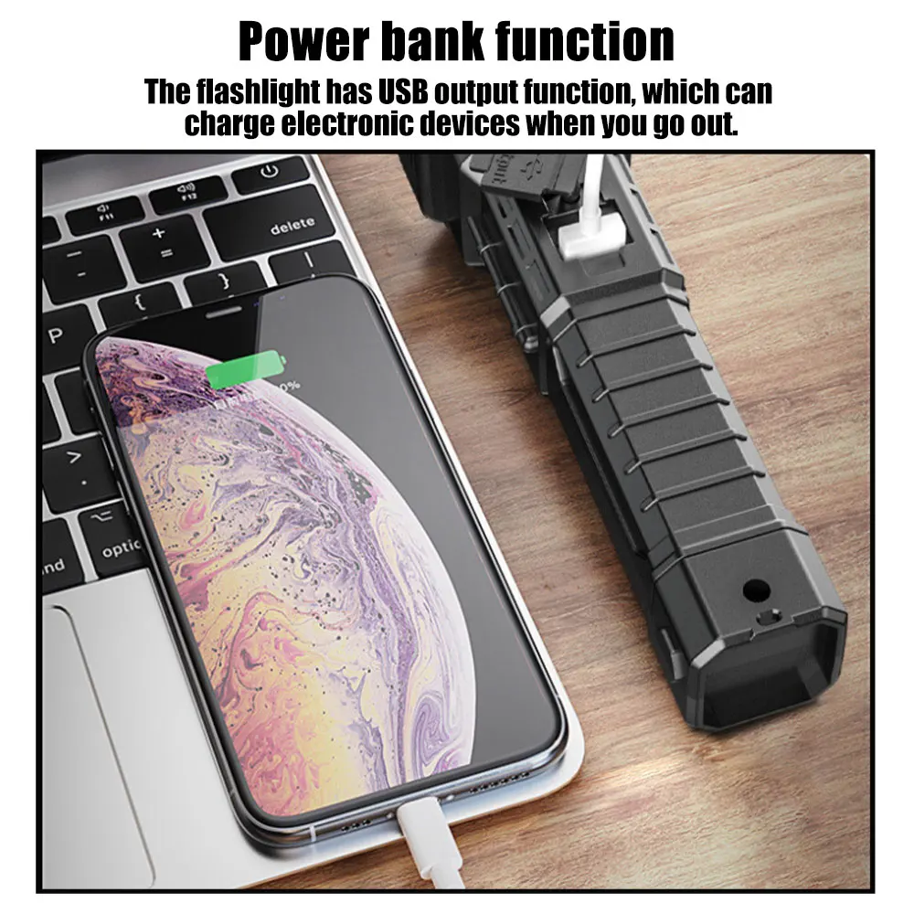 Portable Hand-held Magnetism LED Flashlight with Side COB Emergency Hammer Rechargeable Torch Lights 18650 Rechargeable Battery