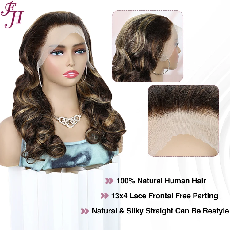 FH 18 Inch Piano P4/27 Ombre Color Highlight Wig Transparent 13x4 Human Hair Lace Frontal Body Wave Wigs