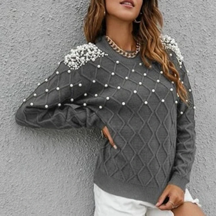 Sweater Supplier OEM Girls Sweater Trim Office Lady pearl Beading Decoration grey color 7GG O Neck sweater for women