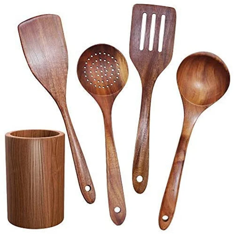 Wooden Utensils, Large Teak Wood Kitchen Cooking Utensils Set with Holder for Non Stick Cookware, Wooden Spatula Ladle Spoon