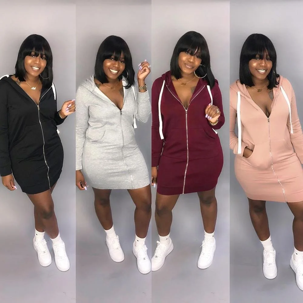 
Wholesale 2020 hoodies sexy casual bodycon solid color mini dress A line long sleeve fall women clothing fleece 