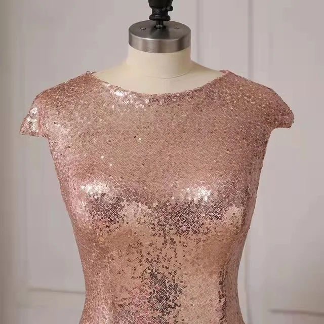 Rose Gold/Green/Burgundy Sequins Slit Evening Party Dresses Plus Size Cap Sleeve Bridesmaid Prom Gowns