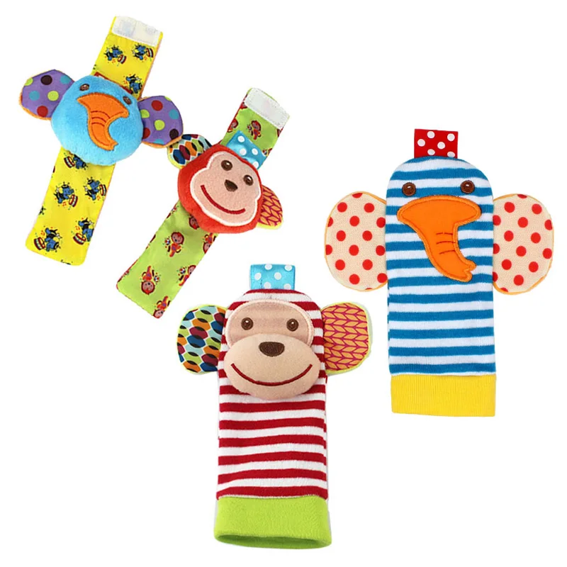 4 Pieces Monkey Elephant Baby fabric rattles foot rattle toy K045E