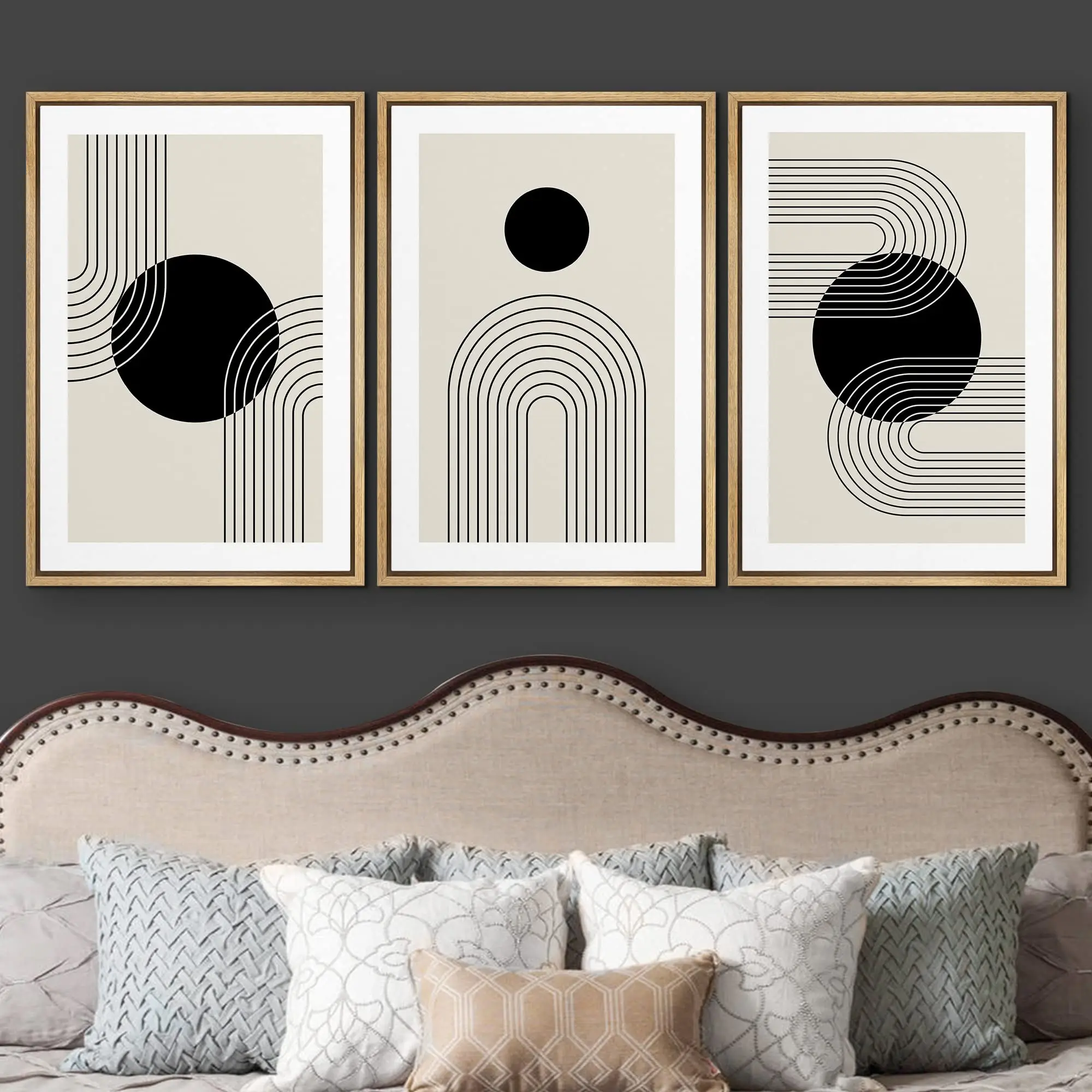 Framed Wall Art Print Set Black Dots with Swirling Line Abstract Patterns Digital Art Modern Art Bohemian Wall Painting