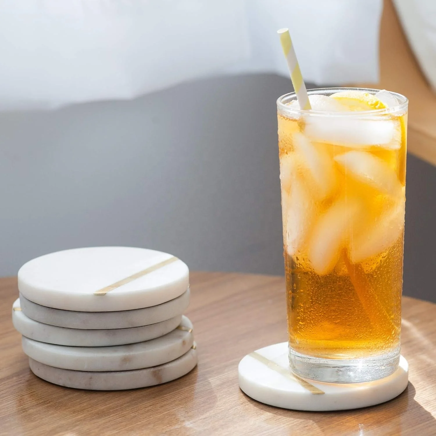 Marble Coaster 10cm  Wide Drink Coasters - White Marble Coasters with Gold Brass Inlay set of 6