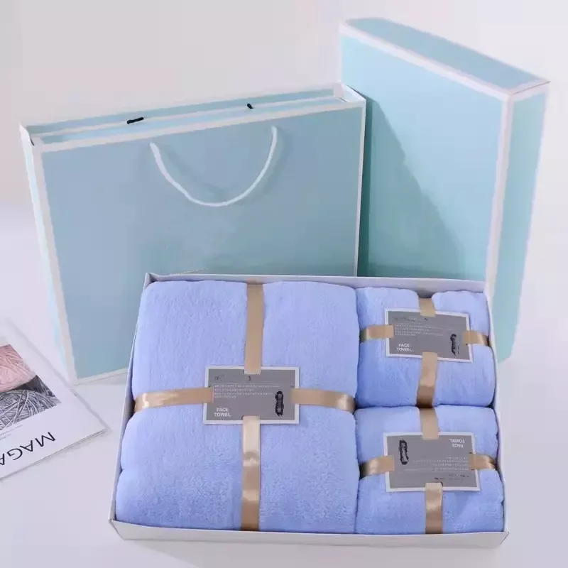 Multi Color Coral Fleece Towel Set in Gift Box Luxury Bathroom Bath Towel