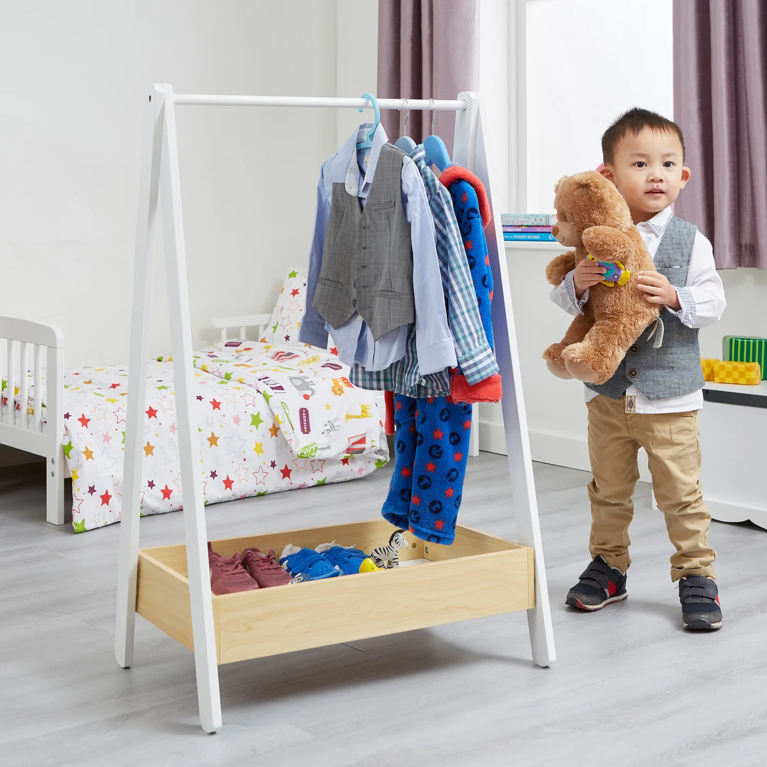Wooden Clothes Hanger Rack for Kids Cloth Rack Closet