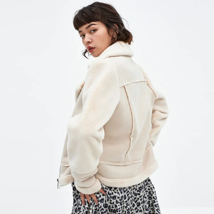 Casual Fashion Lapel Beige Black Color Women Faux Fur Coat Suede Leather Coat Jacket