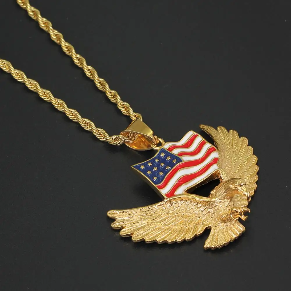 
Hiphop Golden Stainless Steel USA Flag Patriotic American Flag Eagle Pendant Necklace with 3MM Twist Rope Chain 24inches 