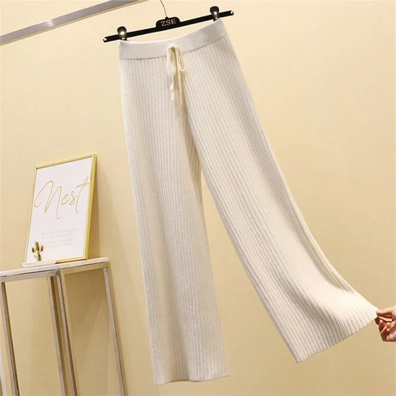 Hot selling factory price knitted wide leg pants women summer 2022 all-match casual loose straight high waist mopping trousers