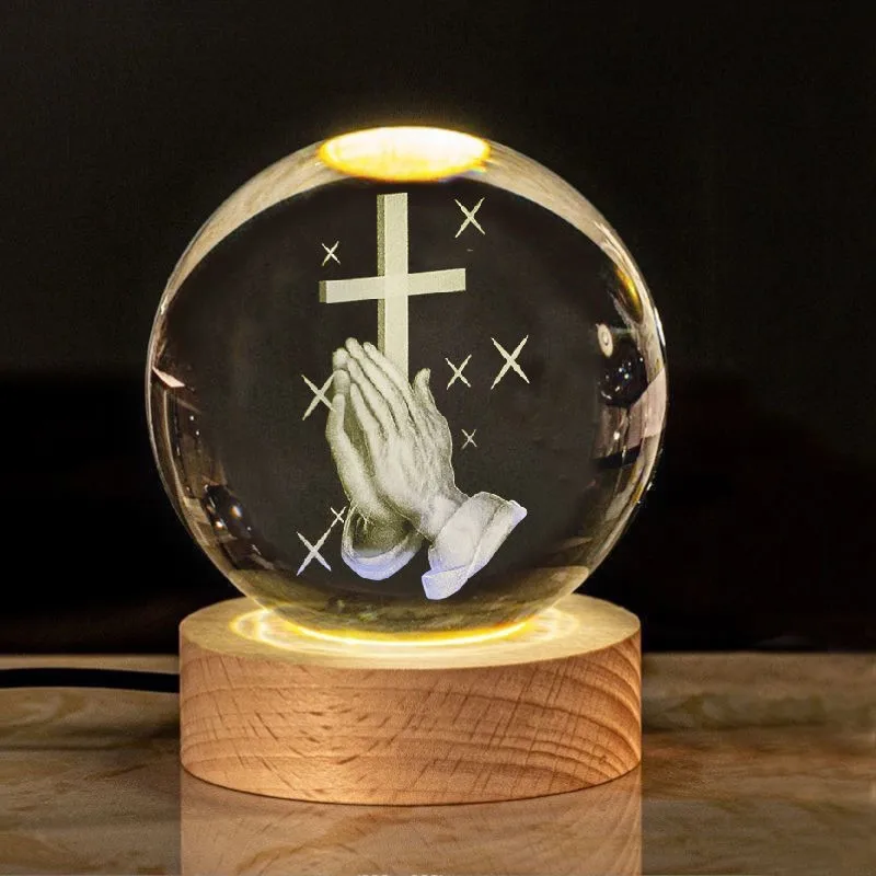 Christian Jesus Cross Crystal Ball Church Figurine 3D Laser Engrave Ball Religious Night Light Glass Ball