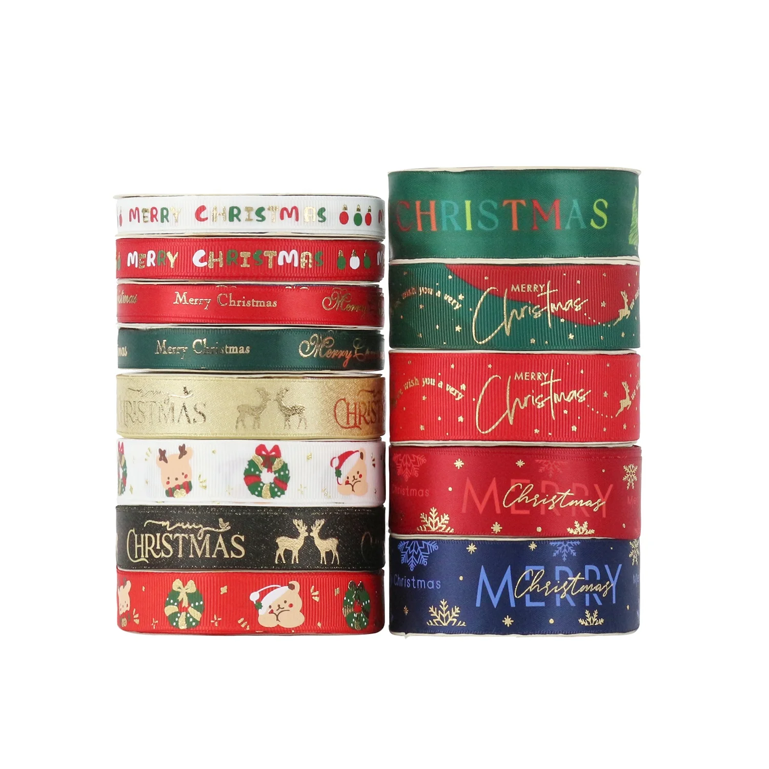 Midi Stock Fast Delivery Merry Christmas Ribbon Roll 9mm 16mm 25mm Foil Ink Printed Grosgrain Christmas Ribbon for Gift Wrap