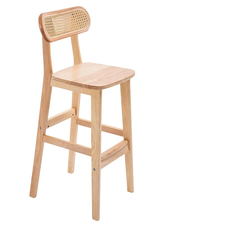 DISHI Modern High Back Wooden Rattan Bar Stool Chair Cane Wicker Dining Chair For Restaurant Cafe