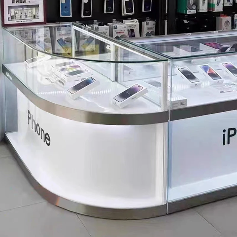Заводская изготовленная на заказ стеклянная косметическая витрина со светодиодным освещением Большой Угловой шкаф металлический счетчик для телефона