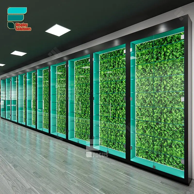 Factory Manufacturing Shisha Wood Shelves Glass Gold Display Cabinet Lock Counter Cigarette Smoke Shop Retail Rack