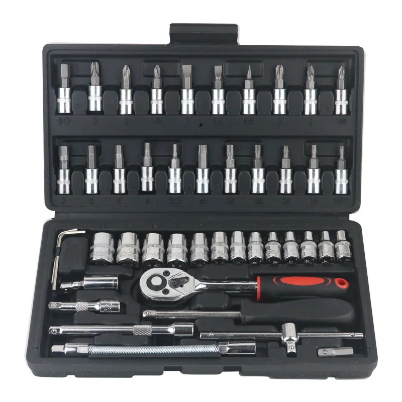 Socket Ratchet Wrench Set, 46 piece 1/4-inch drive includes bit socket set and extension rod, mechanical tool kit