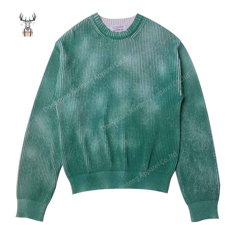 Nanteng Custom High Quality Crew Neck Medium Length Printed Knit Spray Dye Washed Cotton Yarn Knitwear Men Pullover Sweaters