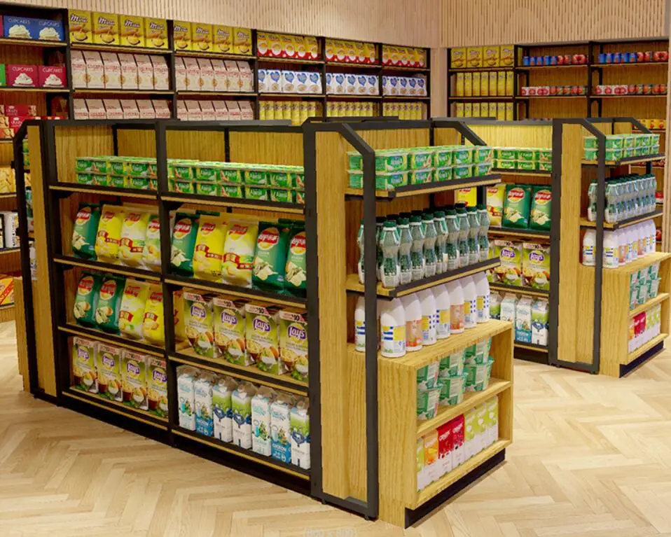 Popular wooden fruits and vegetable display shelf steel wooden combined shelf supermarket steel wood shelf