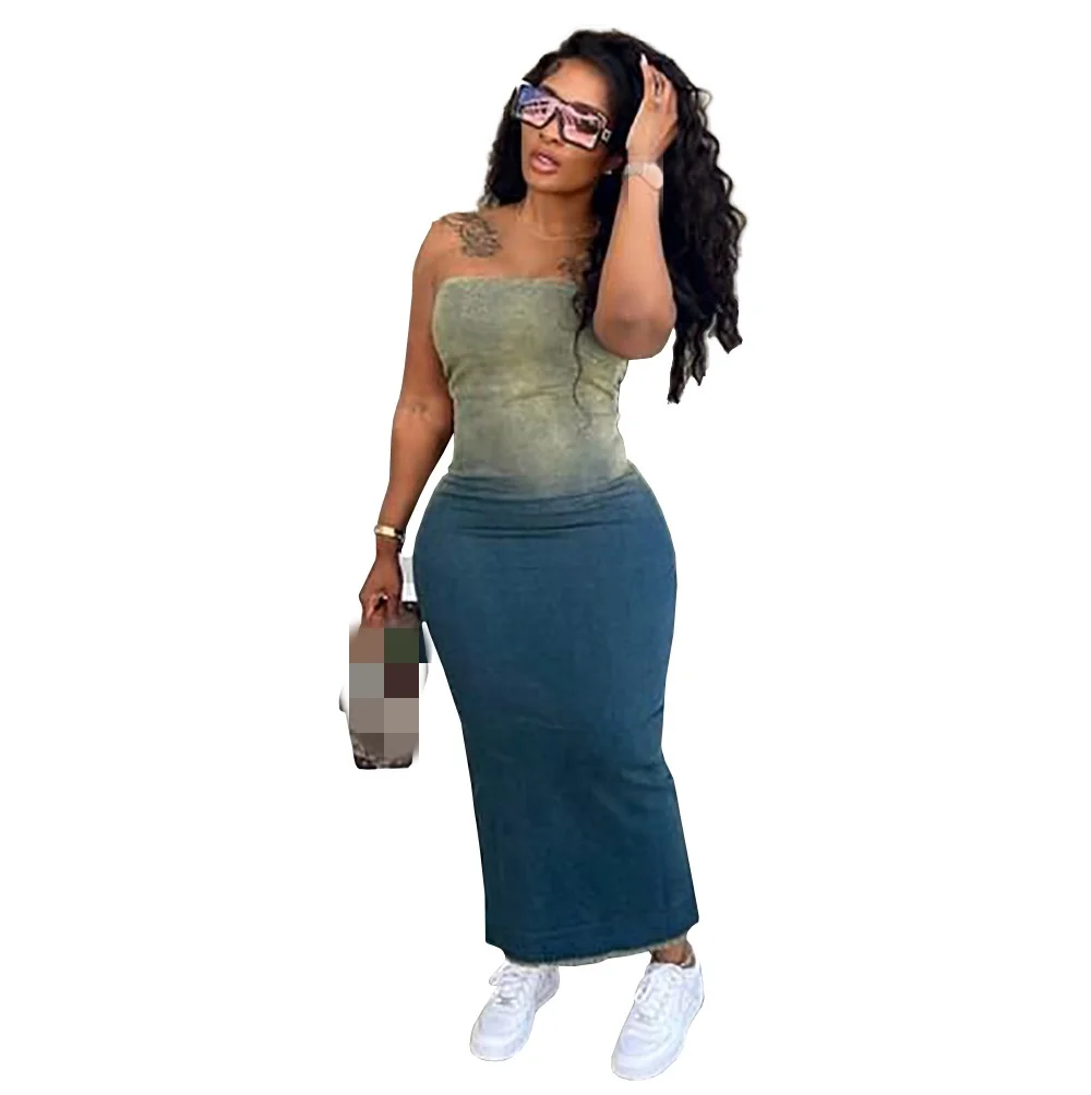 Sharee 2024 New Summer Sexy Retro Jean Dresses Denim Sleeveless Gradient Vintage Slit Maxi Casual Dresses For Women