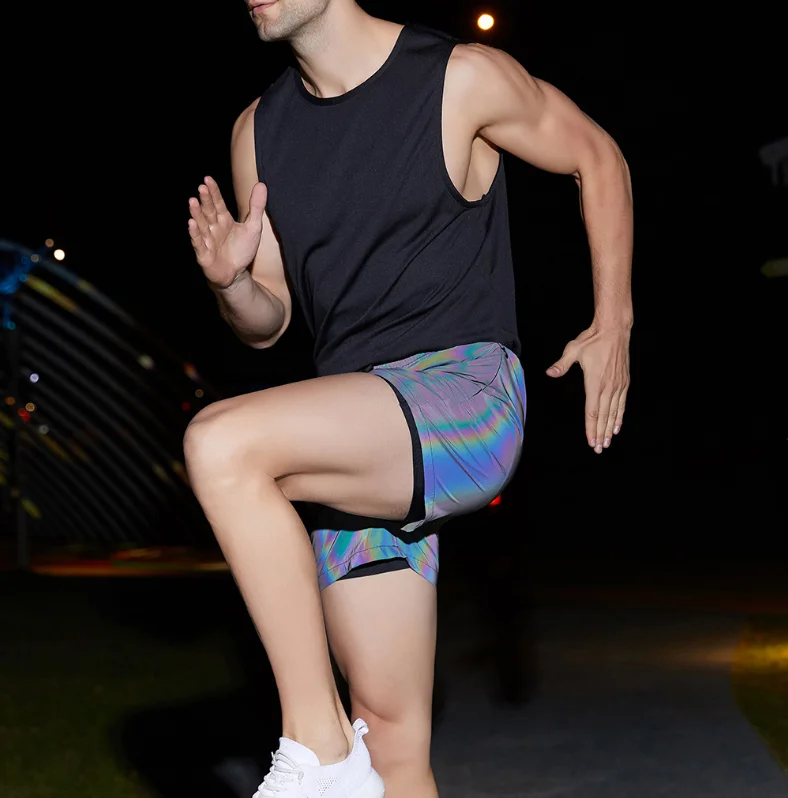Мужские двухслойные спортивные шорты из полиэстера и спандекса для бега на открытом воздухе, тренировок, спортивные шорты с радужным принтом в виде грибов, светоотражающие спортивные шорты