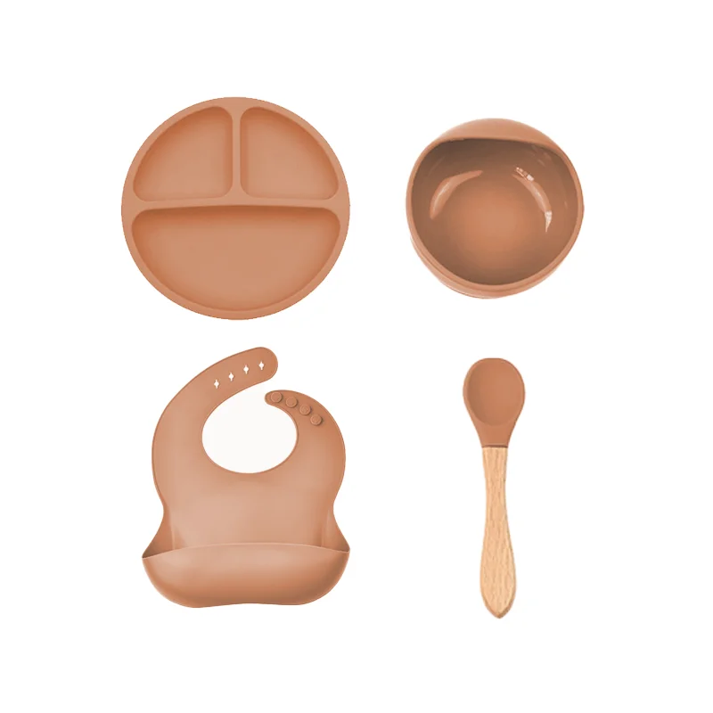 
Hot Selling personalized Baby Silicon Suction Bowl Waterproof organic Silicone Bibs feeding set 