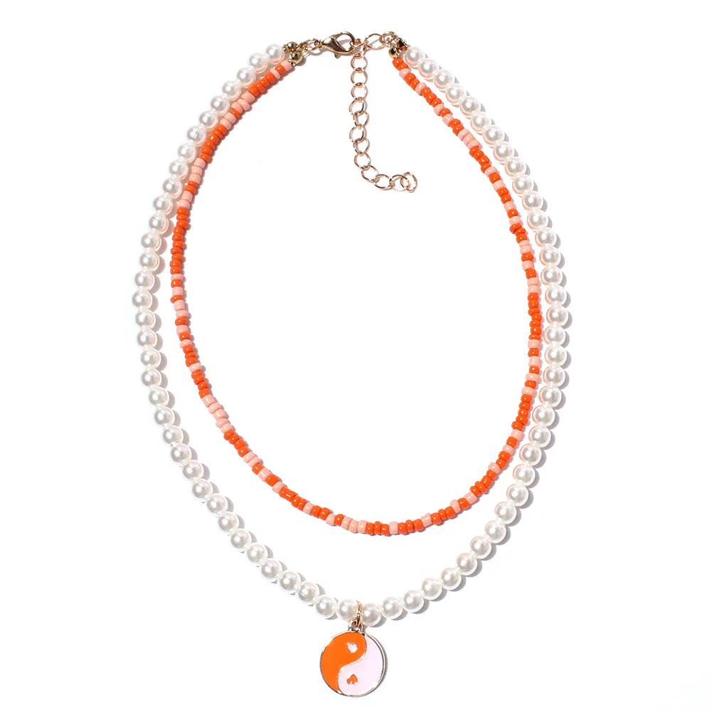 Vintage Tai Chi Yin Yang Pendant Multi layer Necklace Handmade Seed Beads with Imitation Pearl Necklace for Women