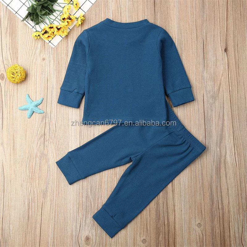 Cotton Pajama Baby Solid Knit Ribbed Two Piece Set Long Sleeves Top Pants Kids Suit For Boys